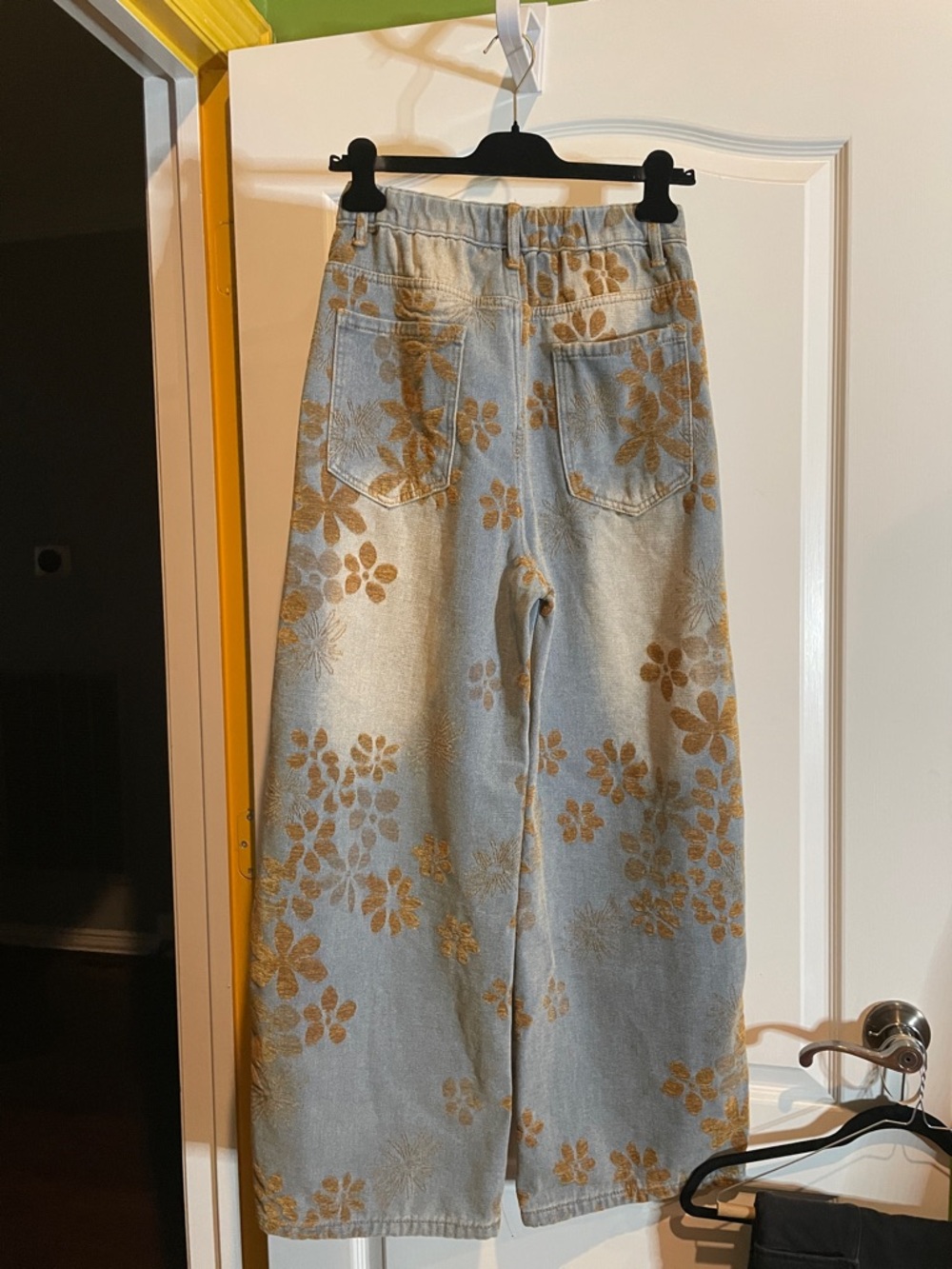 Wide Leg Floral Print Jeans - Gold on Light Blue - Picture 2 of 5